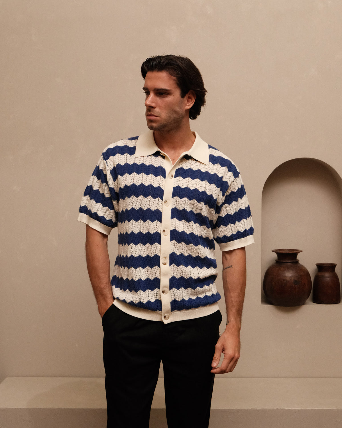 Knitted Shirt- Navy & Cream